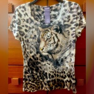 Laura Scott - Tiger Print T with Gold & Silver Sparkle Accents - Sz S